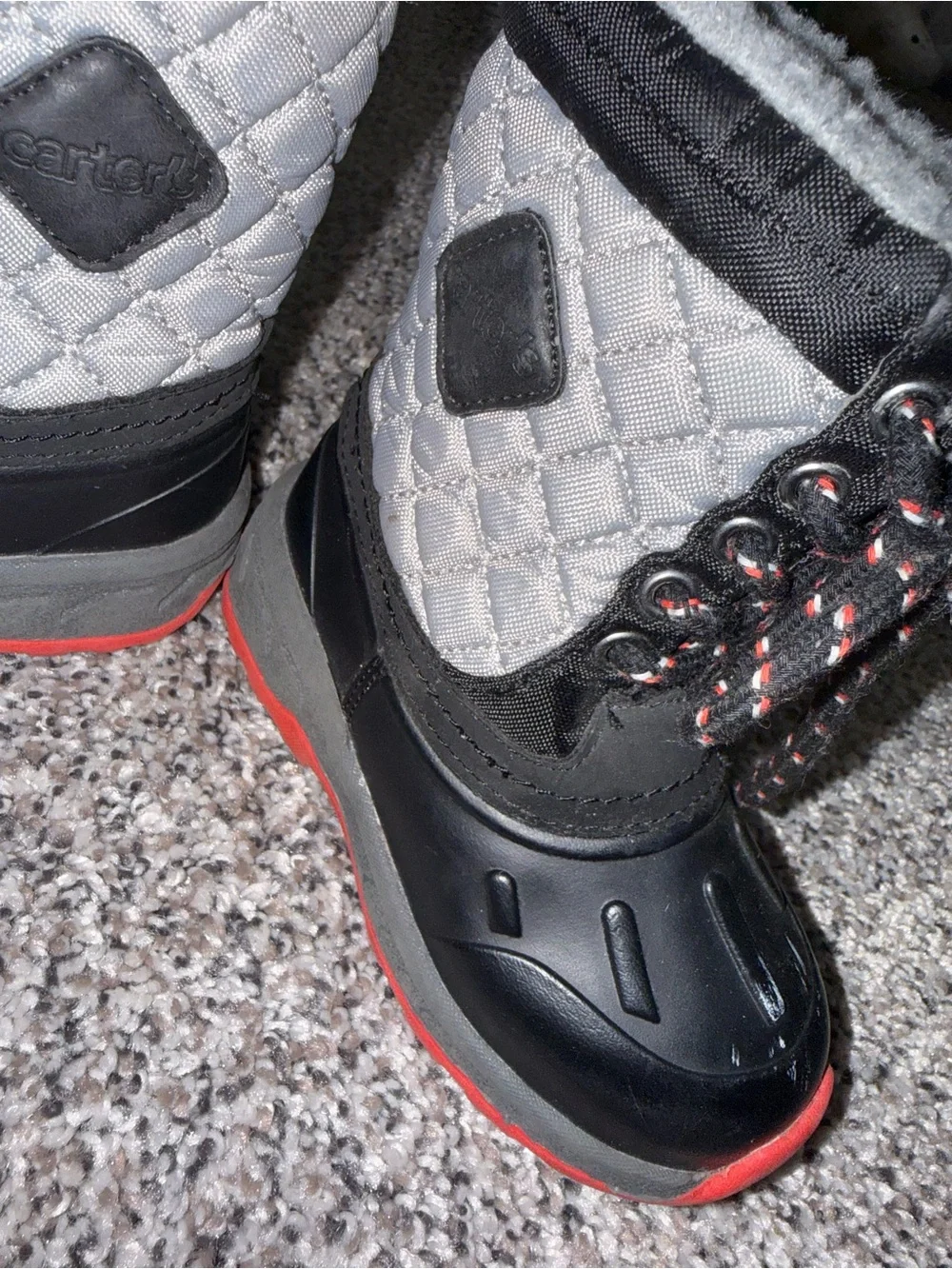 Carter's Quilted Gray & Black Kids Snow Boots with Red Accent
